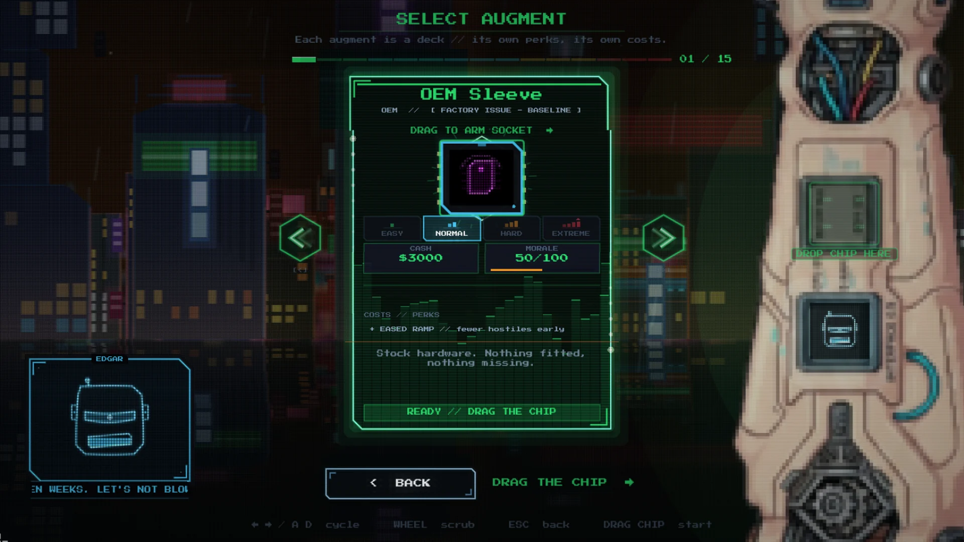 The augment select screen with an augment card beside a tall tower