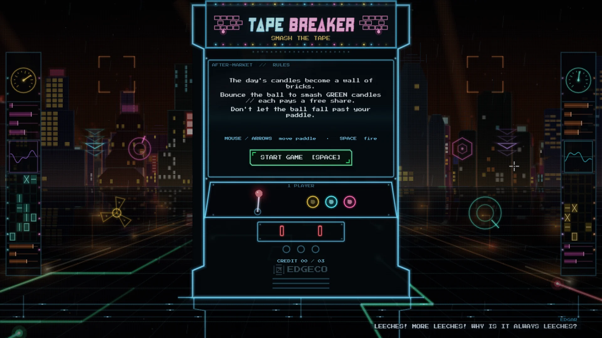 A neon vector arcade cabinet in a room of instrument racks