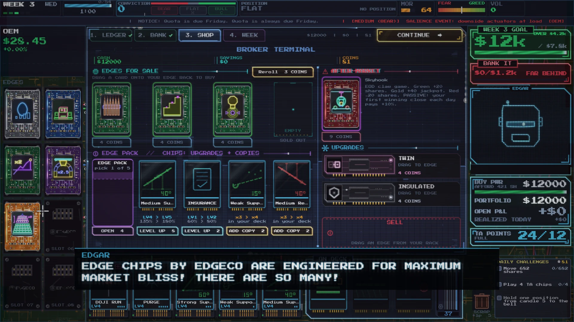 The broker terminal: edge chips for sale as painted circuit boards, with a rack of sockets to drag them into