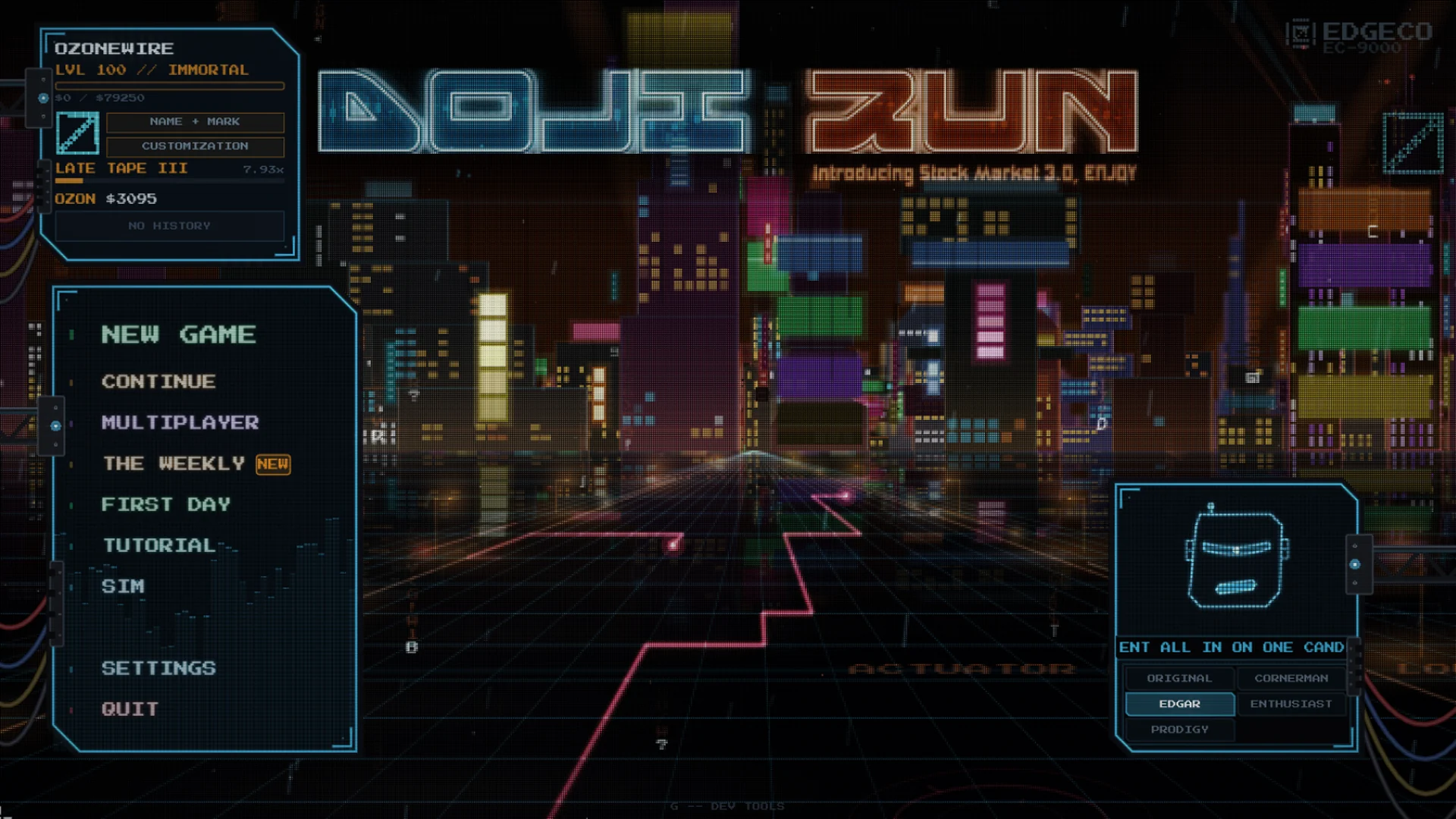 The DOJI RUN main menu: the neon sign over a lit pixel-art skyline, with EDGAR's panel and the menu list