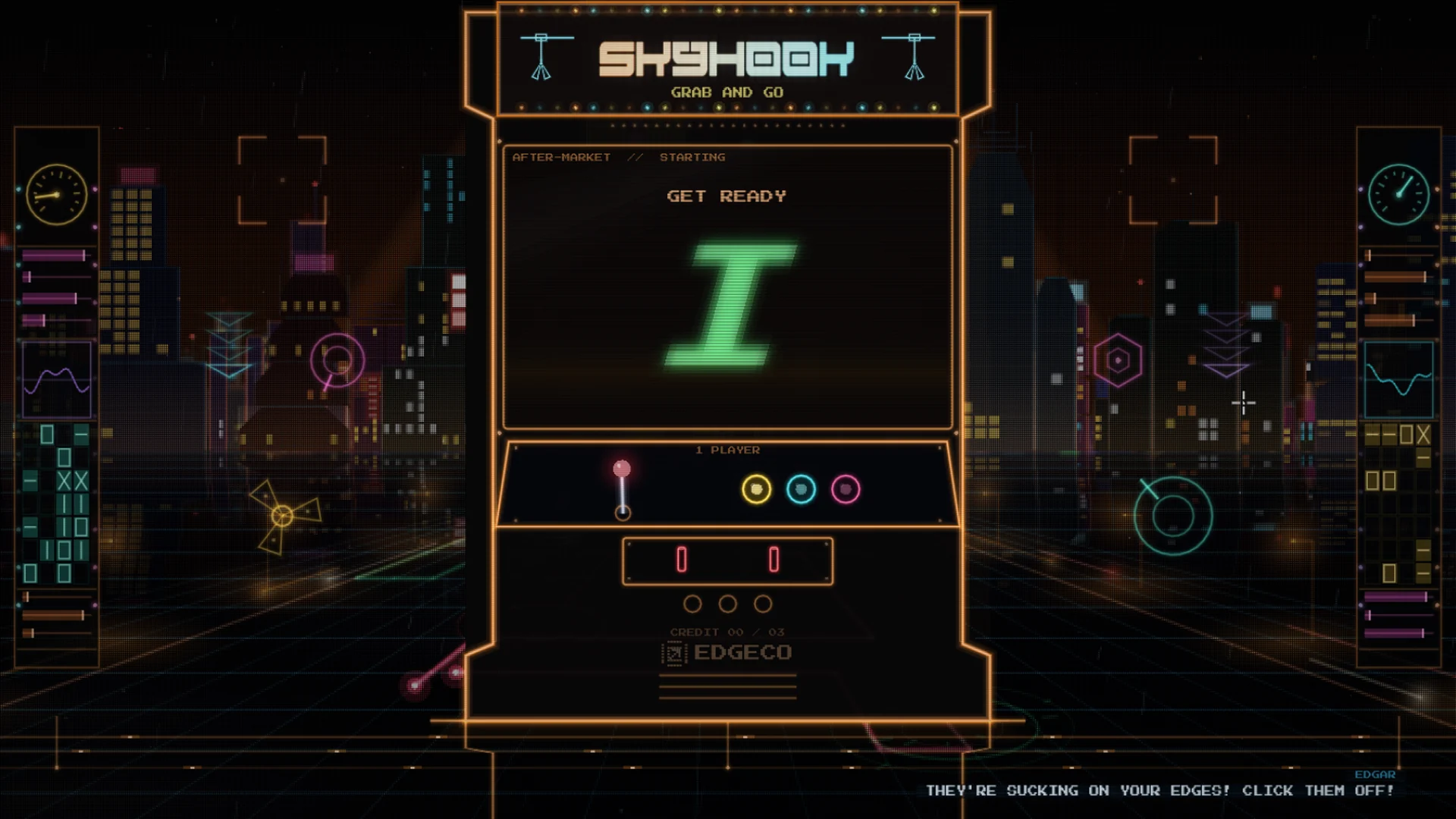 The SKYHOOK arcade cabinet with its marquee lit
