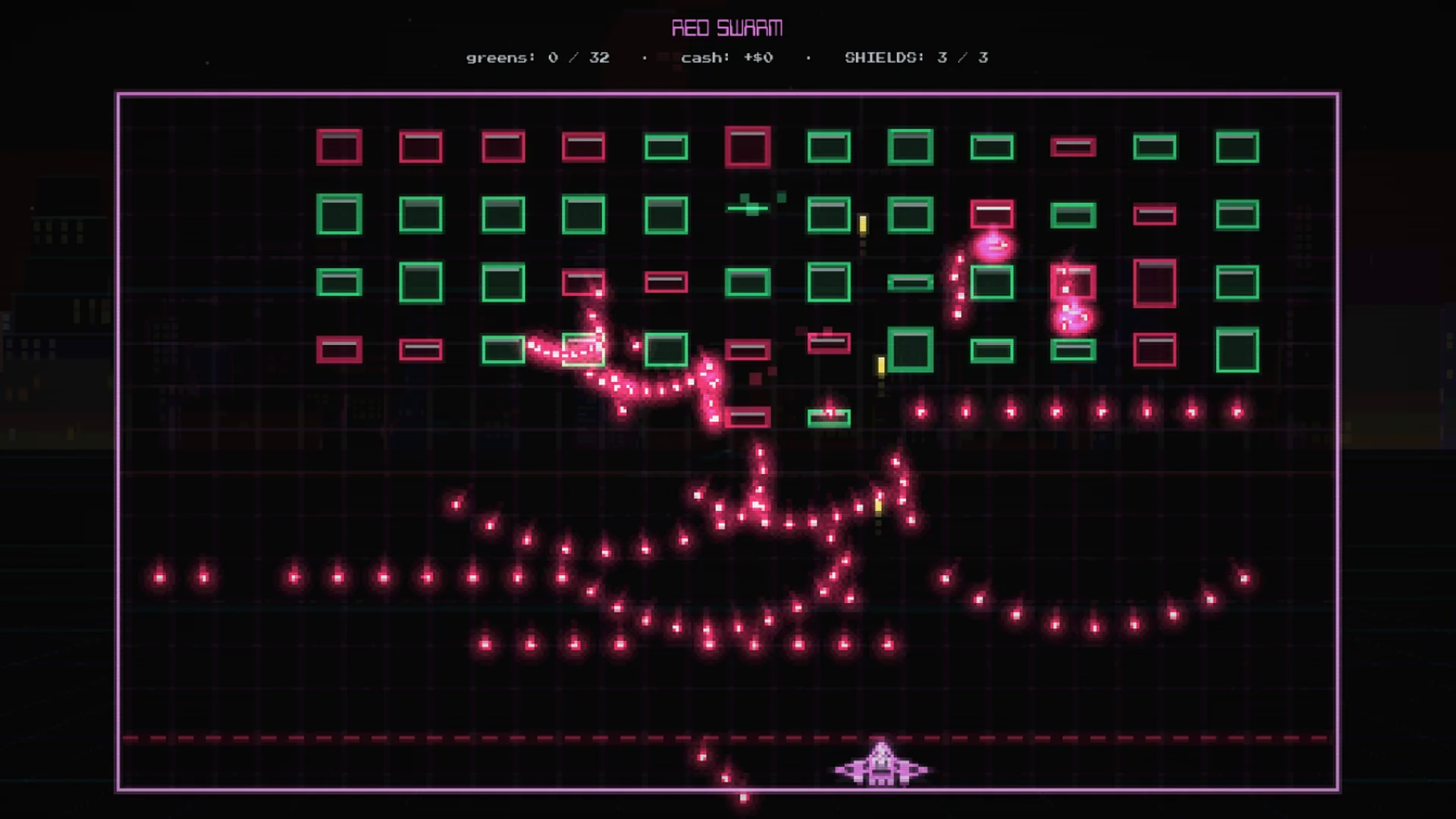 RED SWARM: a bullet-hell pattern of pink projectiles over a small ship