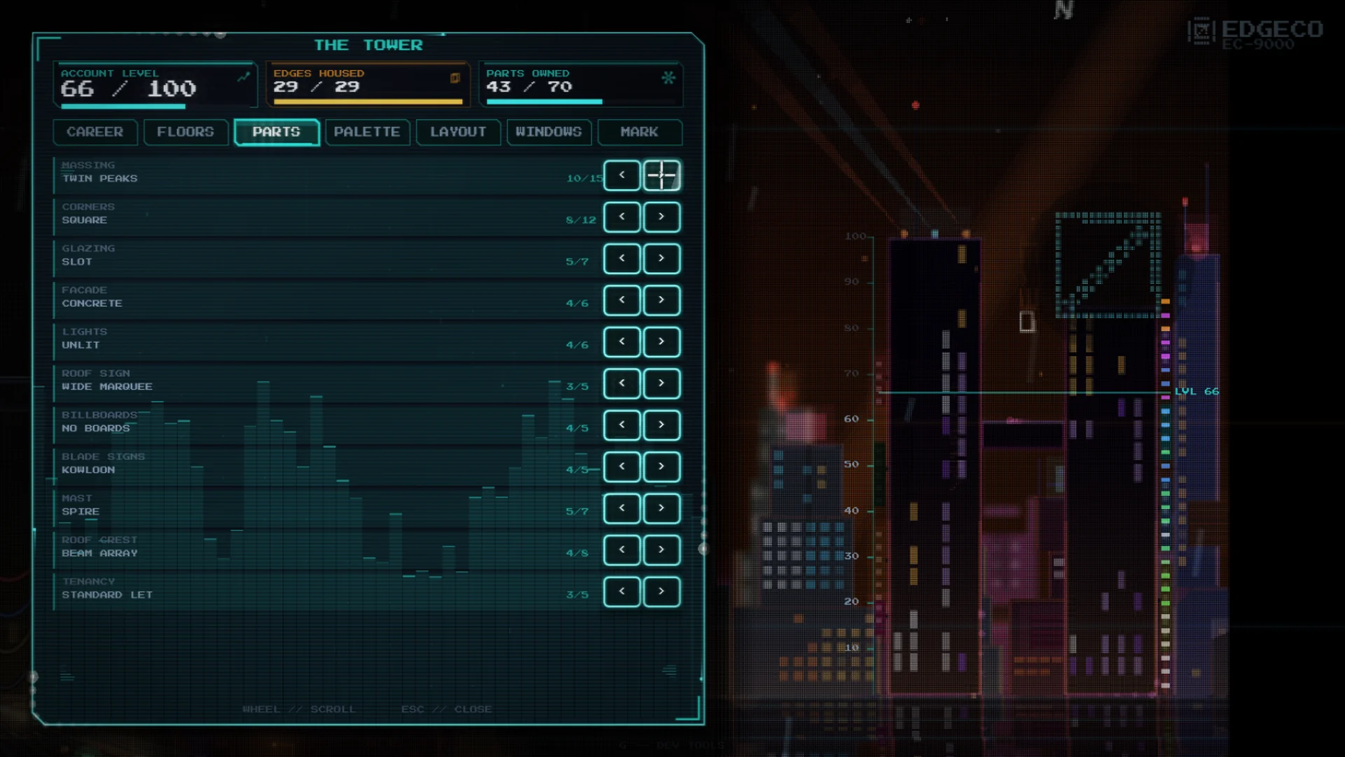 The tower editor: floors of a skyscraper on the city skyline