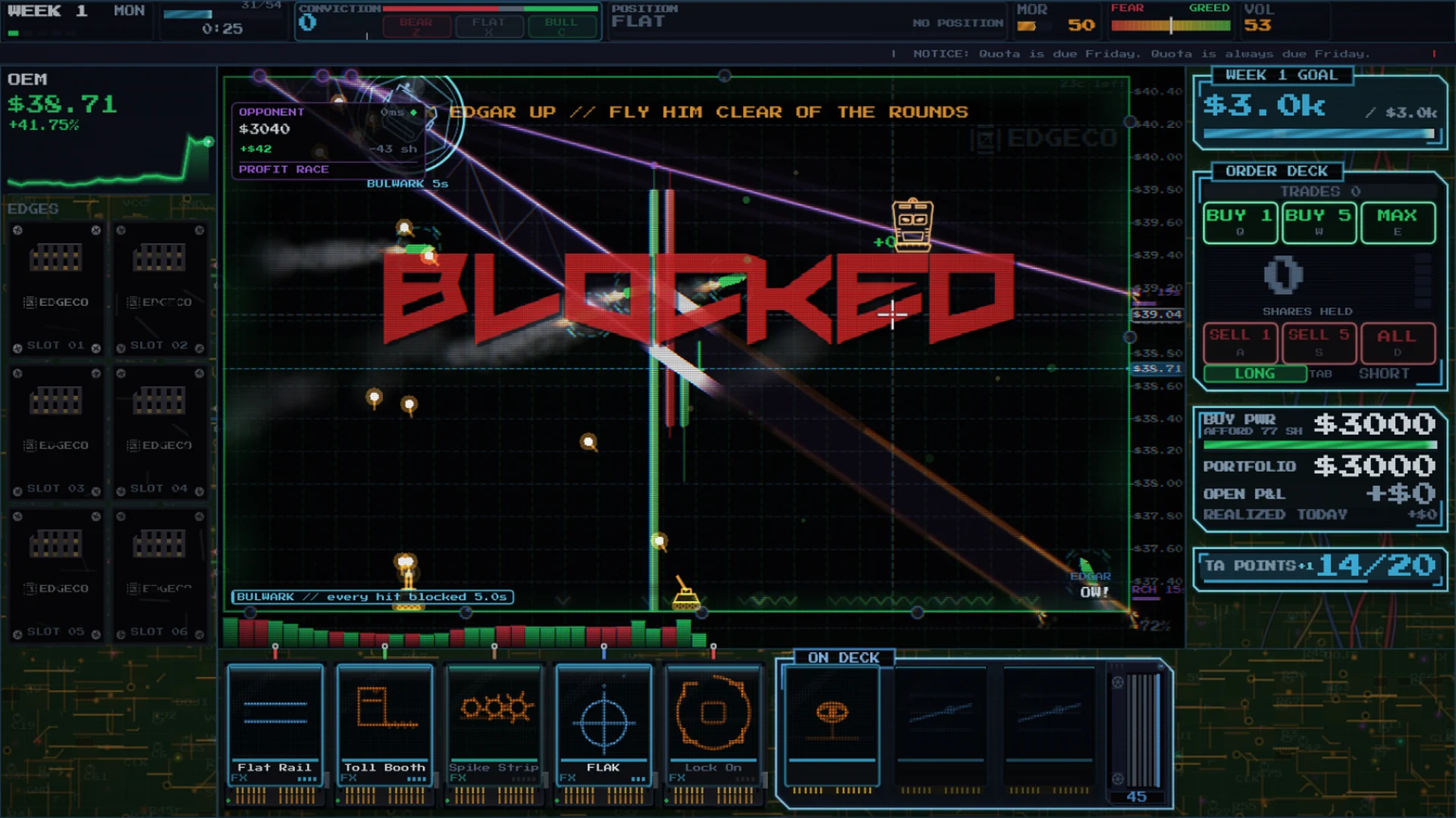 A head-to-head match: missiles striking the rival's EDGAR and a BLOCKED stamp